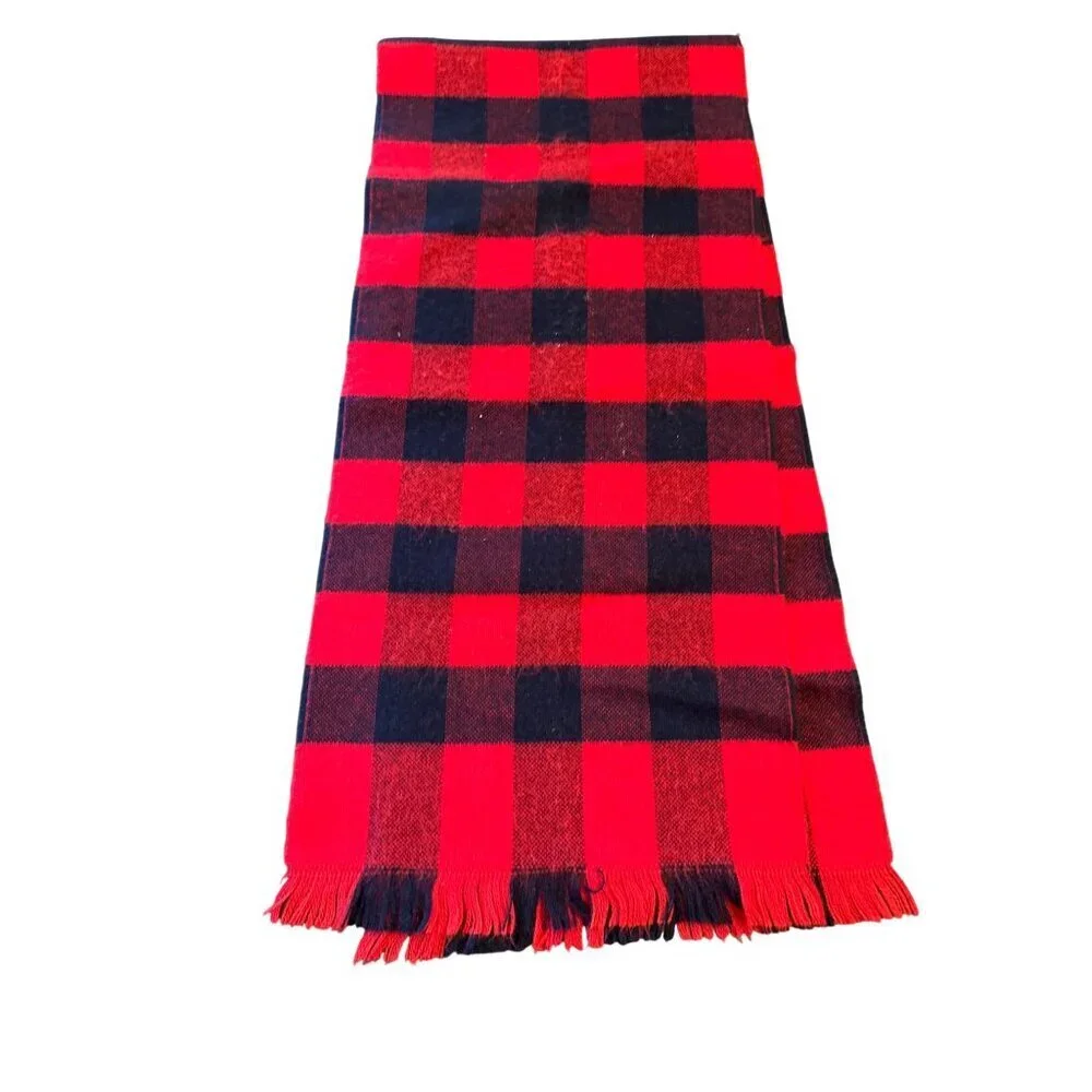 Buffalo Plaid Red & Black Wool Blend Scarf With Fringed Edges For Men & Women